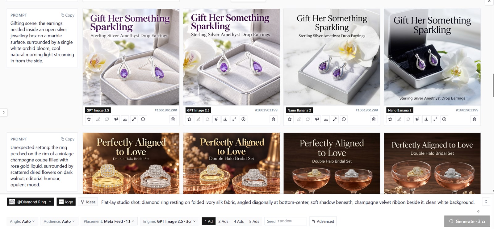 The same brief rendered side by side by GPT Image 2.5 and Nano Banana 2: two earring ads and two bridal-set ads, each card labelled with its engine and seed