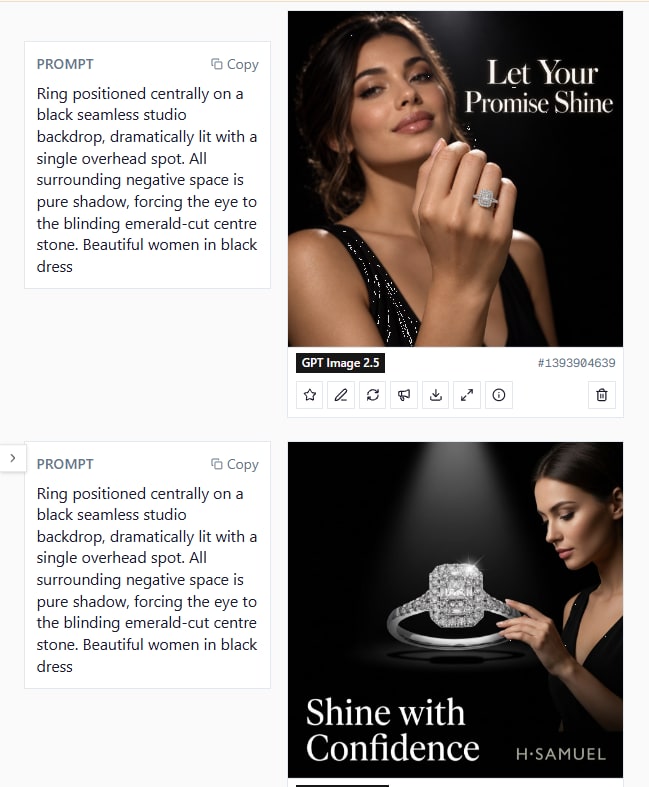 Two renders of the same prompt, a ring on a black studio backdrop with a model in a black dress, one with the headline "Let Your Promise Shine" and one with "Shine with Confidence"