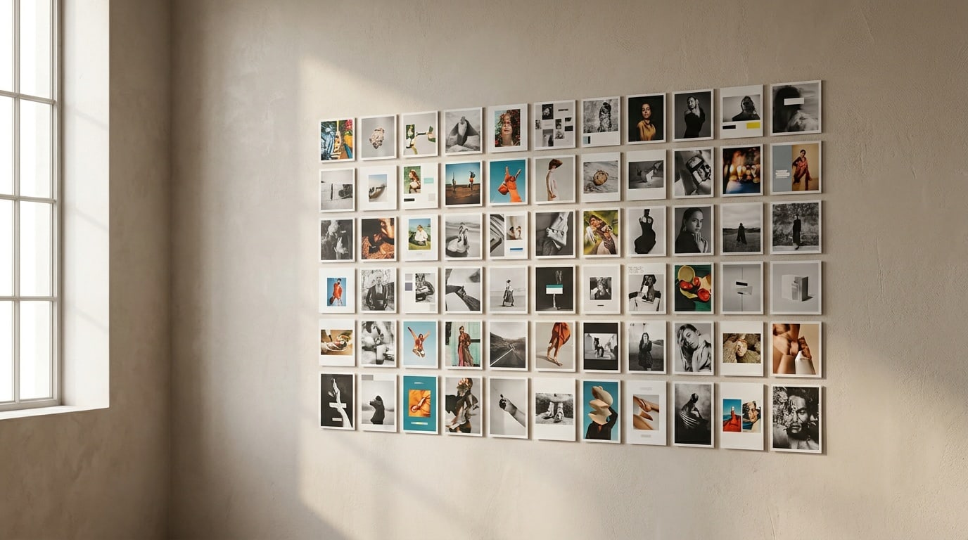 editorial photograph of a wall of small printed ad creative samples in a grid l…