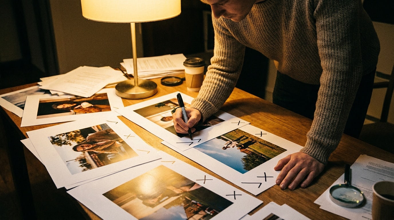 editorial photograph of a person reviewing printed image proofs spread across a…