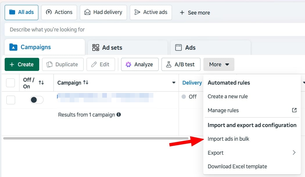 Meta Ads Manager More menu with Import ads in bulk highlighted