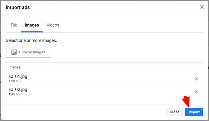 Uploaded images listed with the Import button highlighted