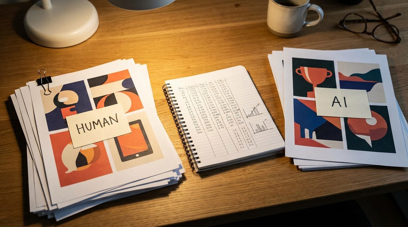 editorial photograph of a desk with two stacks of printed ads side by side, one…