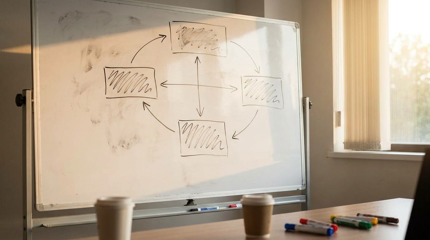 editorial photograph of a workflow diagram drawn in marker on a whiteboard, sho…
