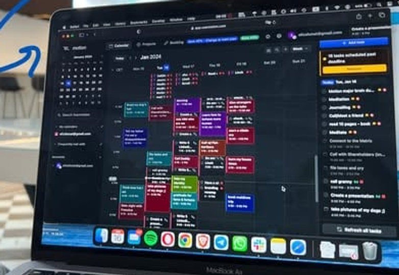 The Motion calendar UI: a densely packed color-blocked week view for January 2024