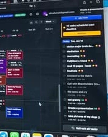 The task panel: "file taxes and cry", "call granny", "take pictures of my dogs", and a yellow alert reading "16 tasks scheduled past deadline"