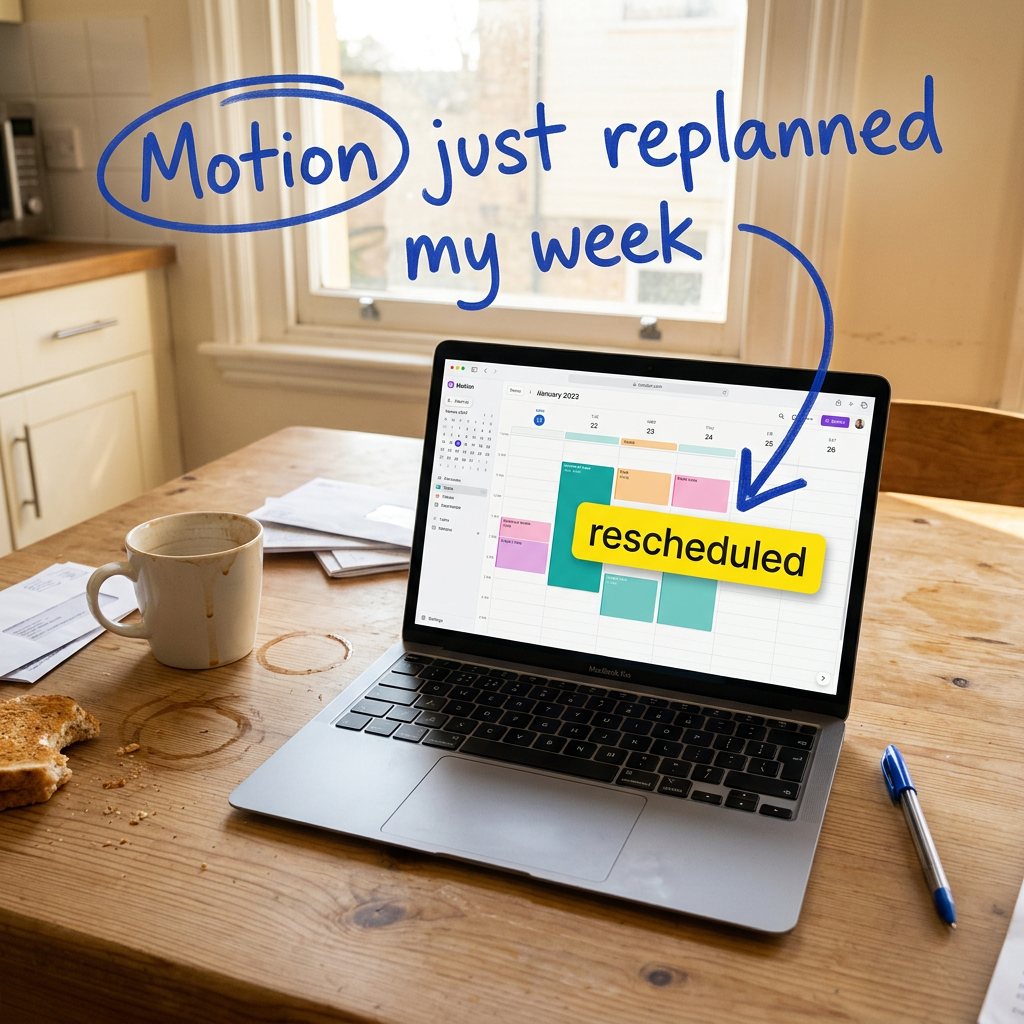 ACC's rebuild: a laptop on a messy kitchen table with bitten toast and coffee-ring stains, Motion's calendar on screen with a yellow "rescheduled" banner, and "Motion just replanned my week" handwritten in blue marker with an arrow