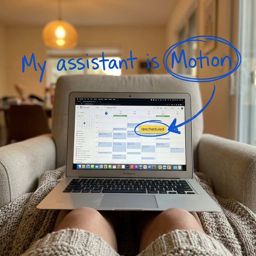 Alternate take: laptop on a lap in an armchair under a warm pendant light, "My assistant is Motion" handwritten above