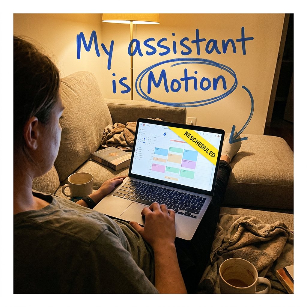 Alternate take: over-the-shoulder photo of a person on a couch with socked feet up, laptop showing a calendar with a rescheduled banner