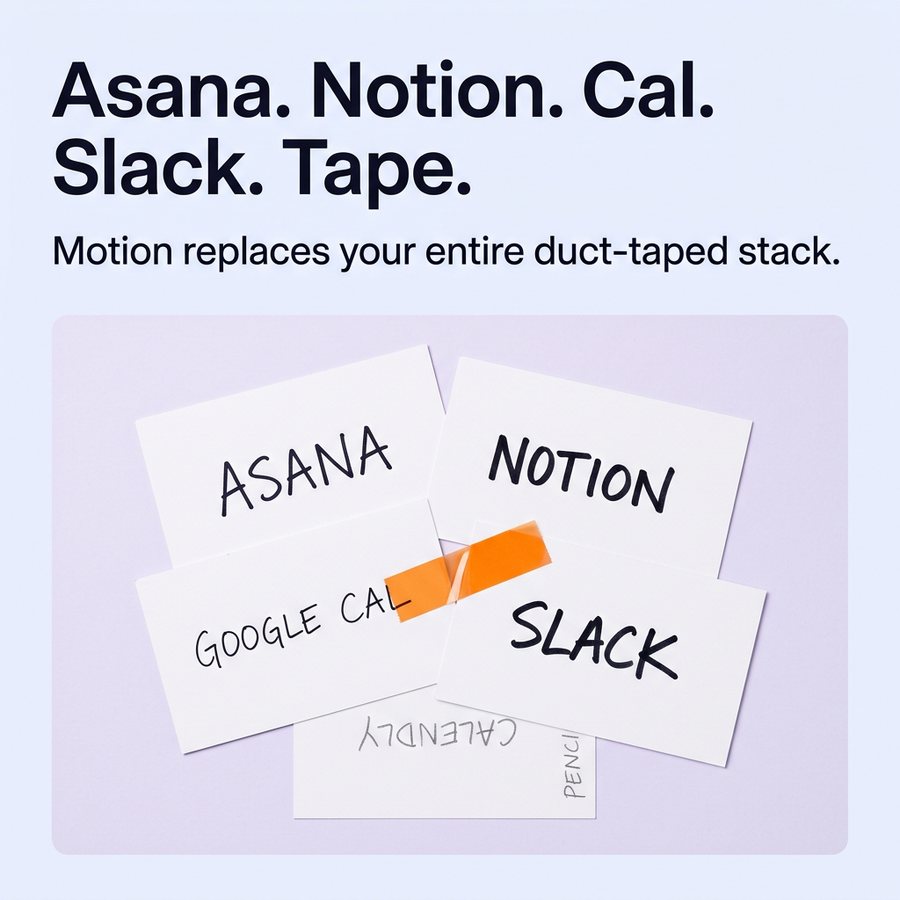 The Lab's uncoached pick: index cards with handwritten competitor names taped together — "Asana. Notion. Cal. Slack. Tape."
